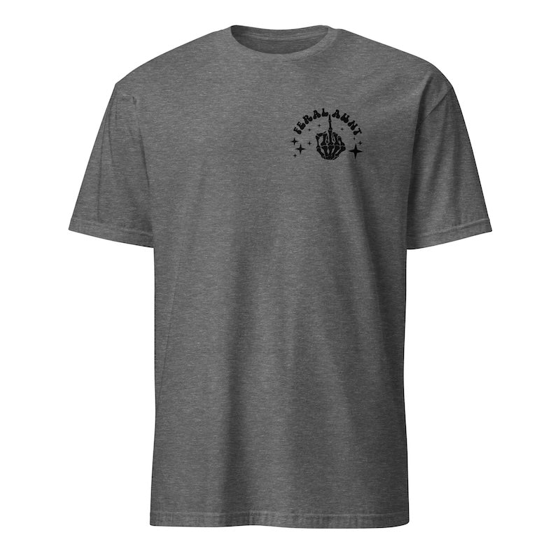 Gray t-shirt with black graphic design on a white background