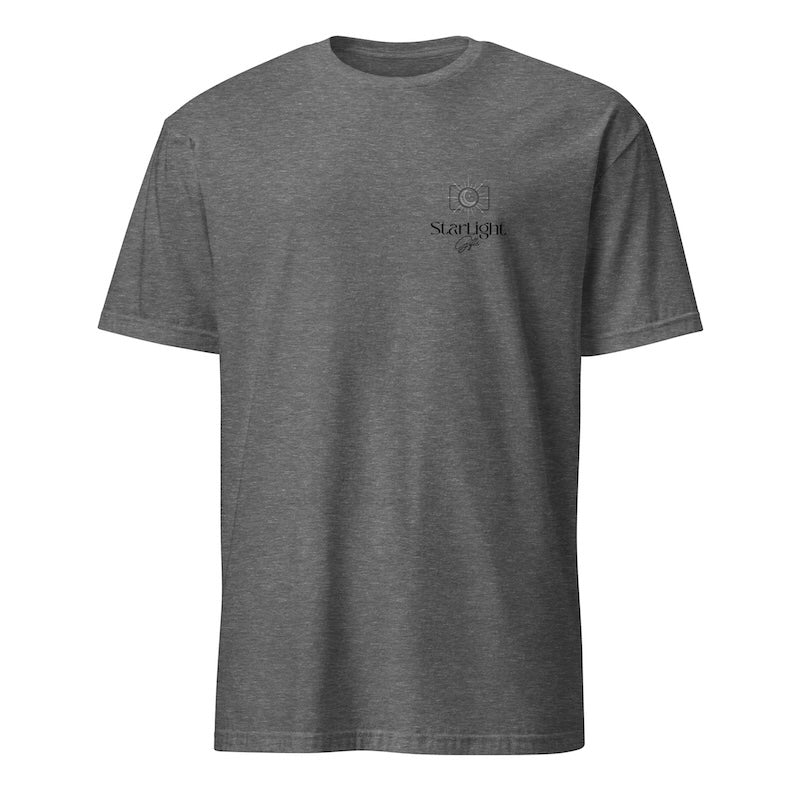 Gray t-shirt with a small logo and text on a white background