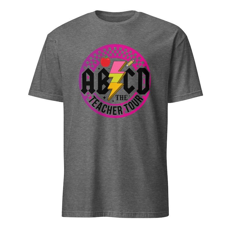 Gray t-shirt with colorful graphic design on a white background