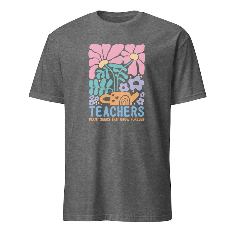 Gray t-shirt with colorful graphic and 'Teachers' text on a white background