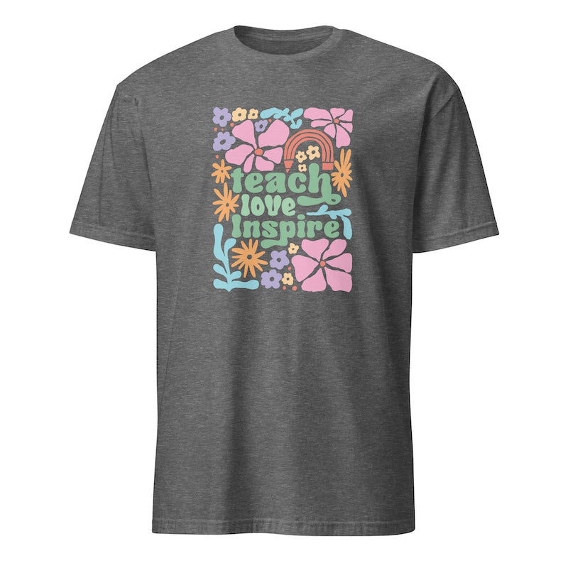Gray t-shirt with colorful graphic design and text on a white background