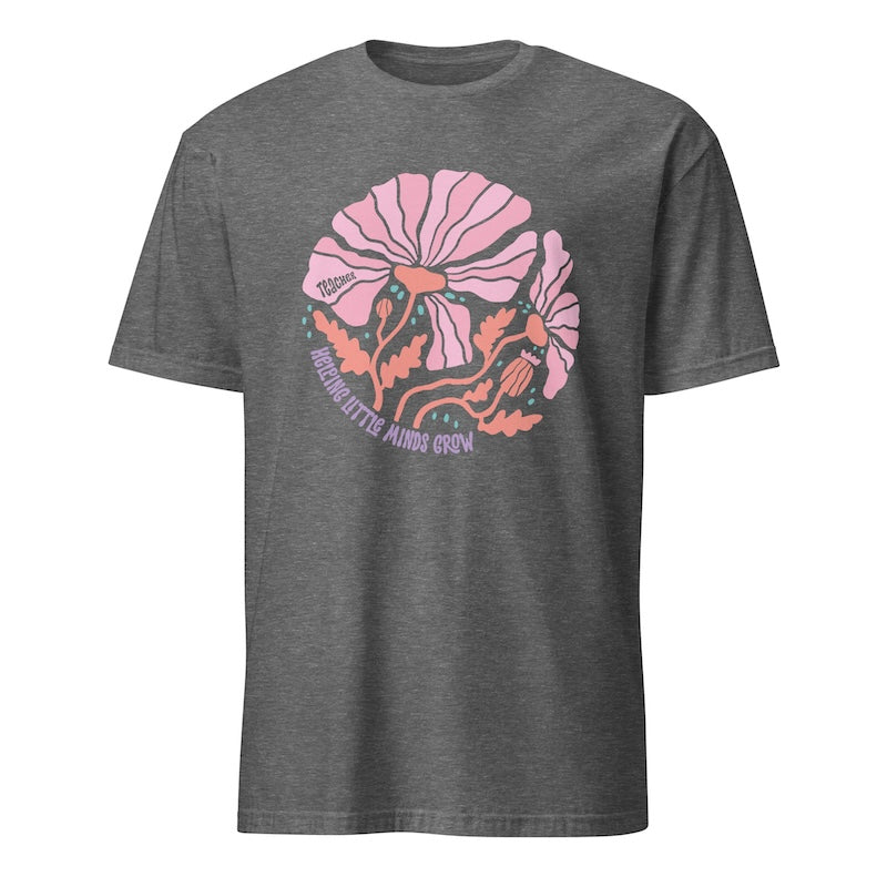 Gray t-shirt with pink and orange graphic design on a white background