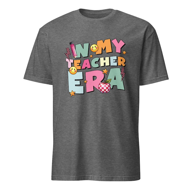 Gray t-shirt with colorful text design on a white background