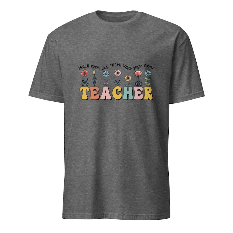 Gray t-shirt with colorful 'TEACHER' text and flowers on a white background