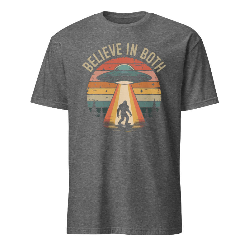 Gray t-shirt with UFO and Bigfoot design and 'Believe in Both' text on a white background