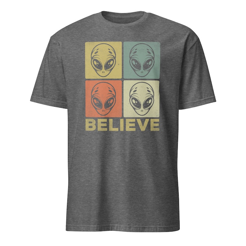 Gray t-shirt with alien head design and 'BELIEVE' text on a white background