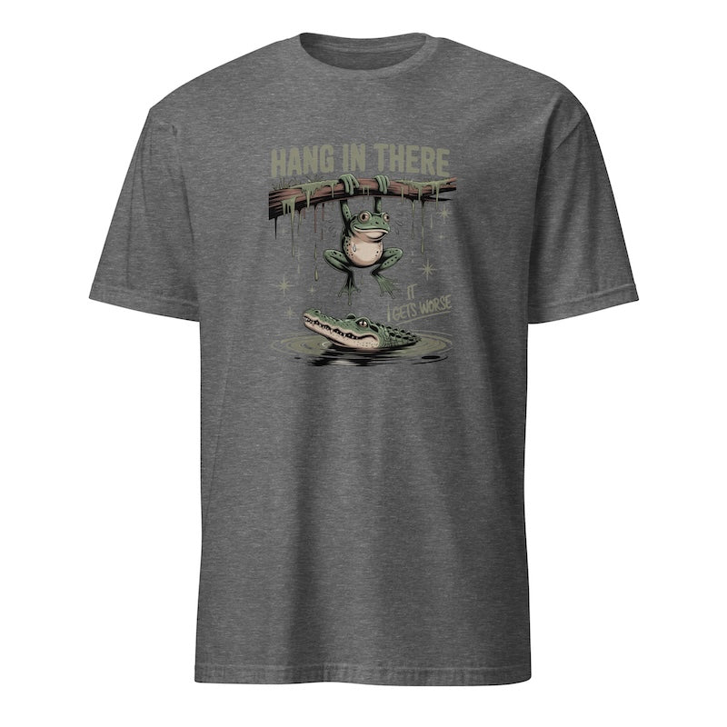 Gray t-shirt with a graphic of a frog and text 'Hang in there, it will grow' on a white background