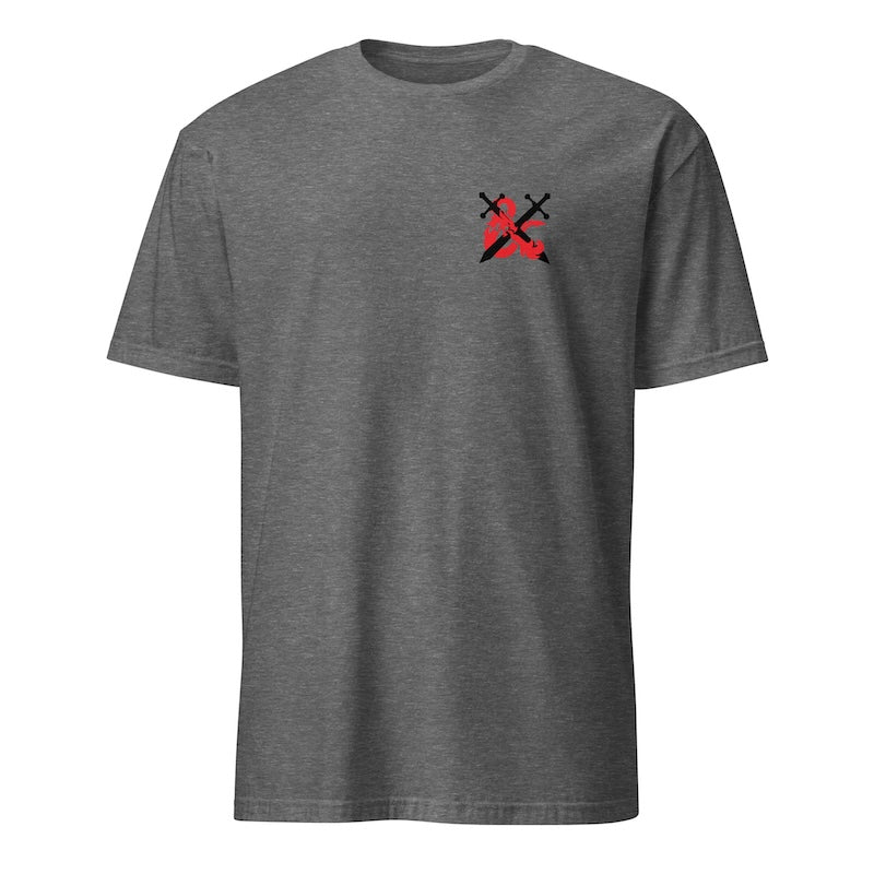 Gray t-shirt with a red and black logo on a white background