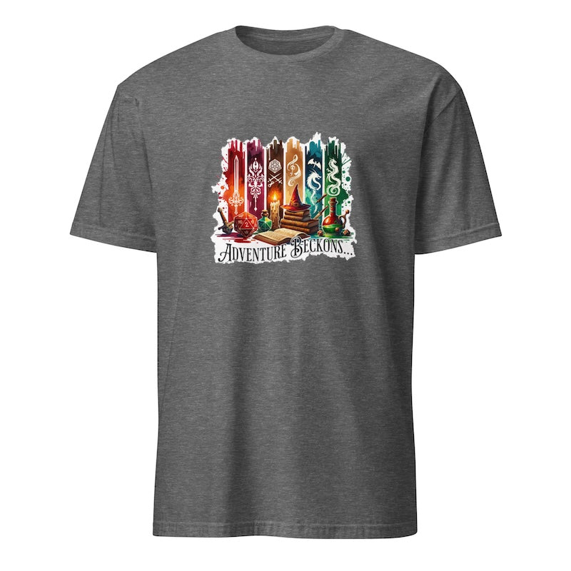 Gray t-shirt with a colorful graphic design on a white background