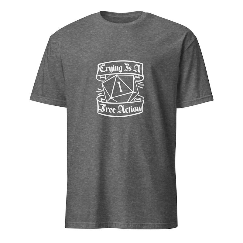 Gray t-shirt with white graphic and text on a white background