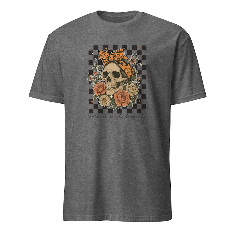 Gray t-shirt with a skull and floral design on a checkered background
