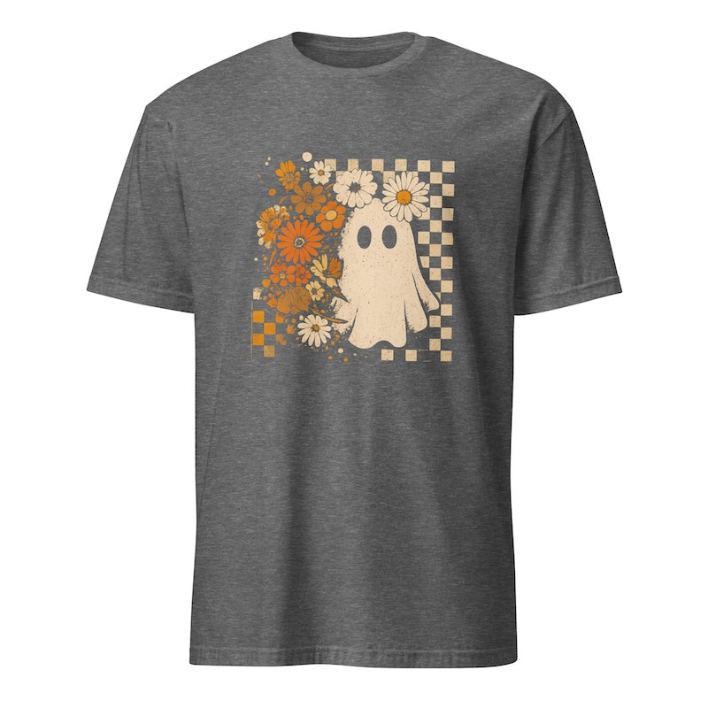 Gray t-shirt with a ghost and floral design on a white background