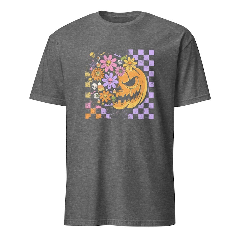 Gray t-shirt with a colorful pumpkin and floral design on a white background