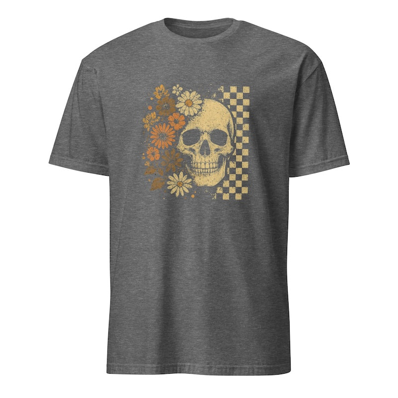 Gray t-shirt with a skull and floral design on a white background