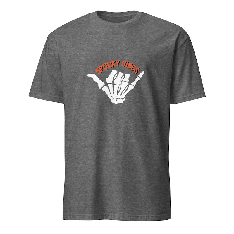 Gray t-shirt with a hand gesture and 'Spooky Vibes' text on a white background