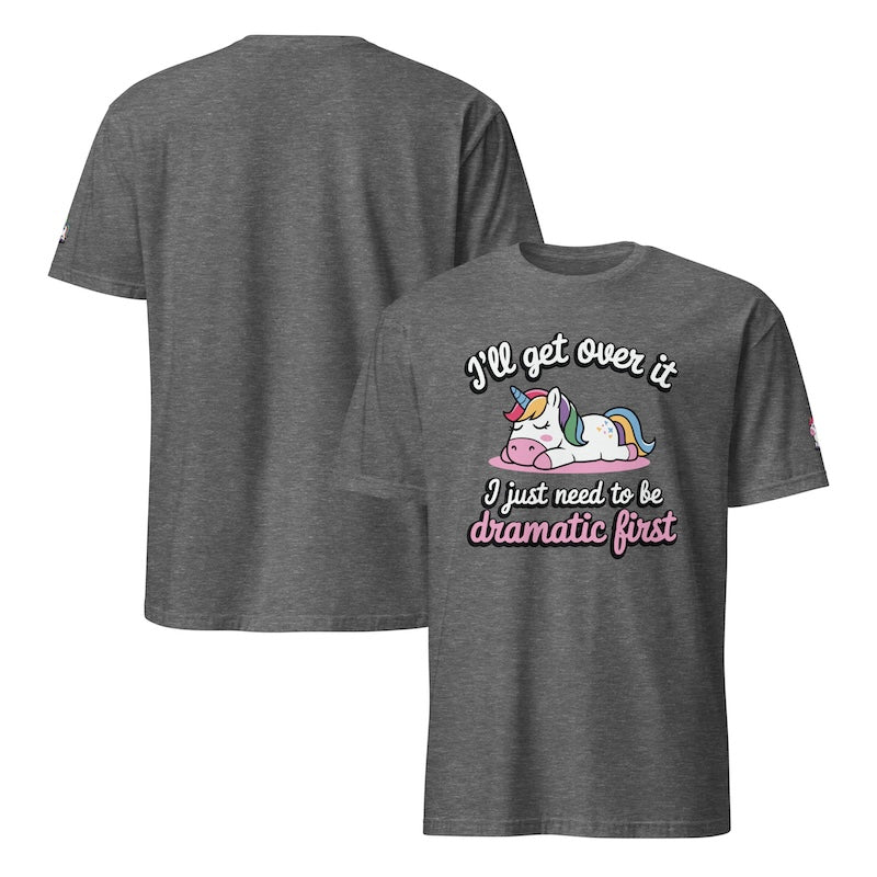 Gray t-shirt with unicorn graphic and text on a white background
