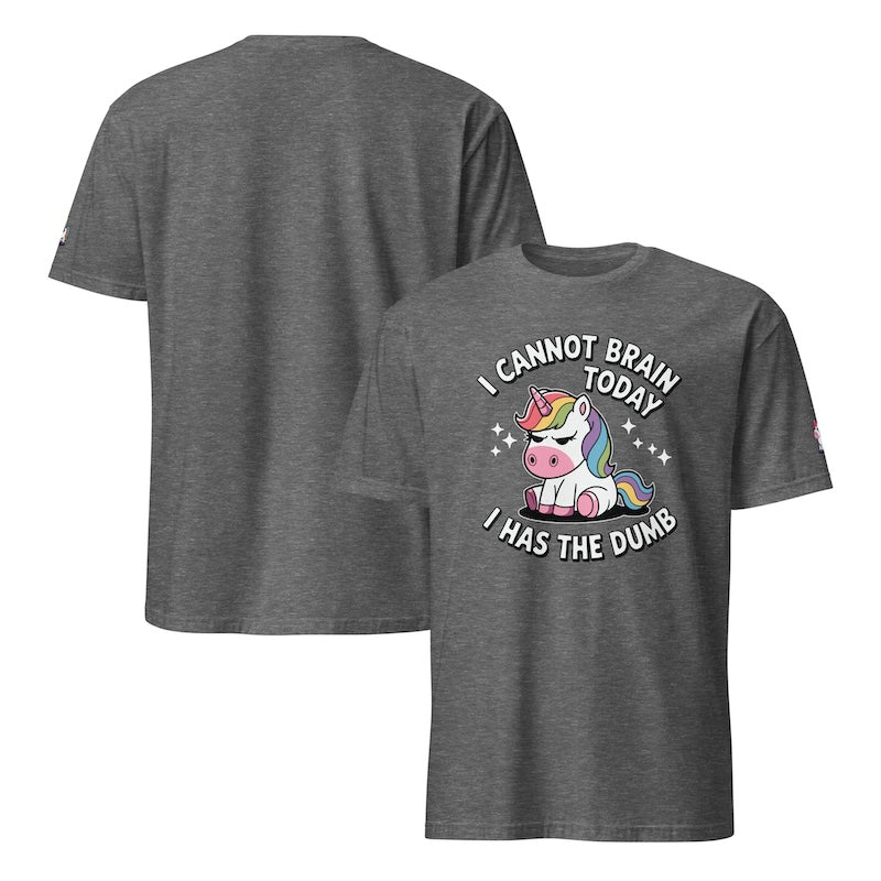 Gray t-shirt with a unicorn graphic and text on the front, shown from the front and back.