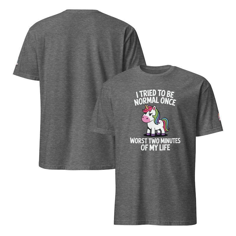 Gray t-shirt with unicorn graphic and text on a white background