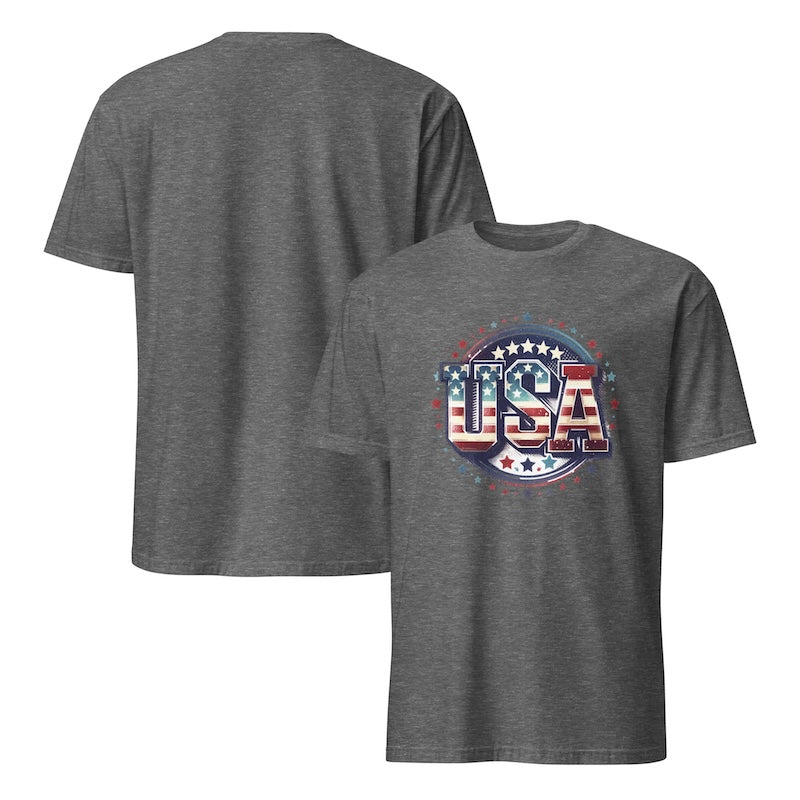 Gray t-shirt with 'USA' design on a white background
