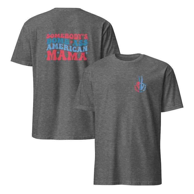 Gray t-shirt with text and peace symbol on a white background