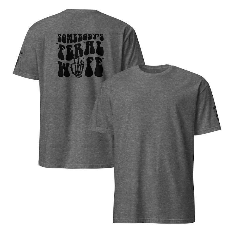 Gray t-shirt with black text on the front and back, displayed on a white background.