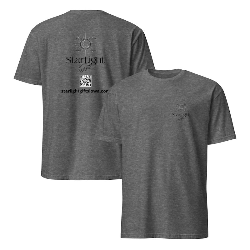 Gray t-shirt with Starlight Gifts Iowa logo on front and back