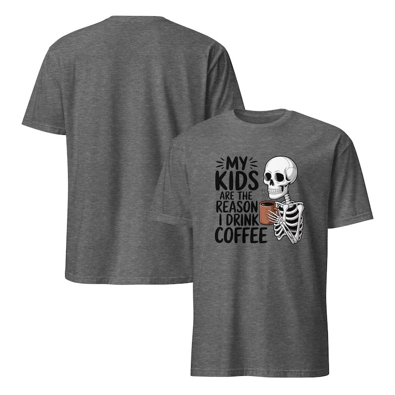 Gray t-shirt with skeleton design and text on a white background