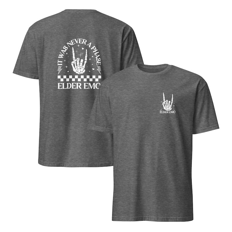 Gray t-shirt with white graphic design on a white background