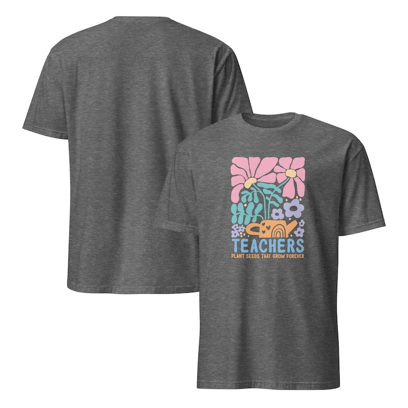 Gray t-shirt with colorful floral design and 'Teachers' text on a white background