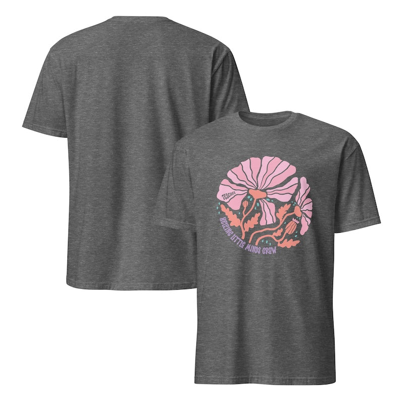 Gray t-shirt with a pink and orange graphic design on a white background