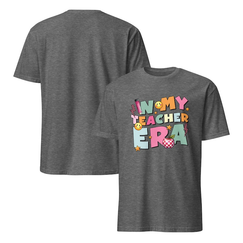 Gray t-shirt with colorful text design on a white background