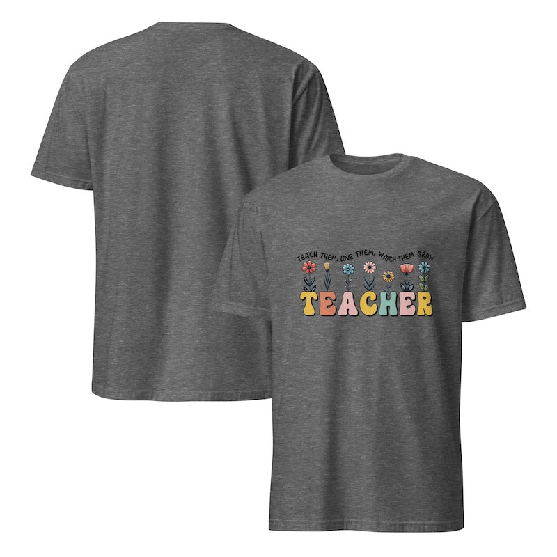 Gray t-shirt with 'TEACHER' text and floral designs on a white background