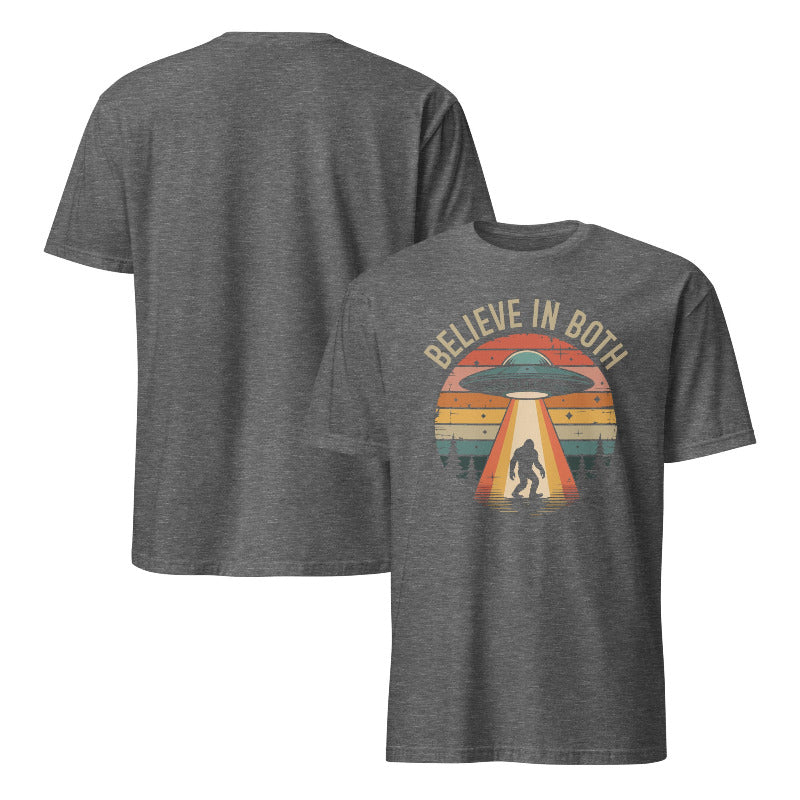 Gray t-shirt with UFO and Bigfoot design on a white background