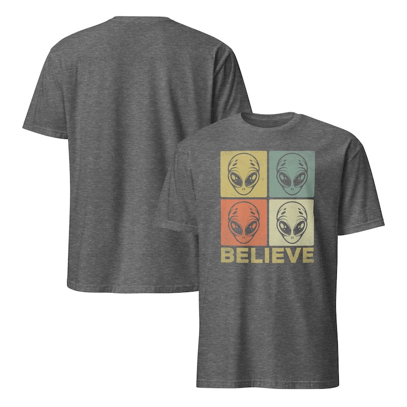 Gray t-shirt with alien graphic and 'BELIEVE' text on a white background
