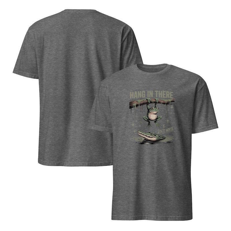Gray t-shirt with a graphic design on the front and back