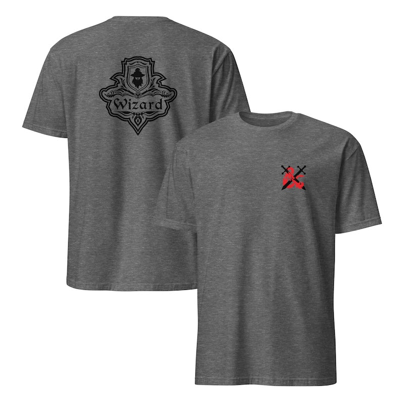 Gray t-shirt with black 'Wizard' logo on the back and red design on the front, displayed on a white background.