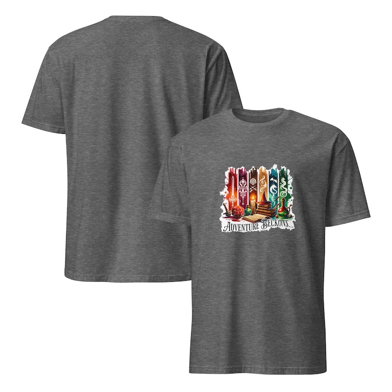 Gray t-shirt with a colorful graphic design on the front, displayed on a white background.