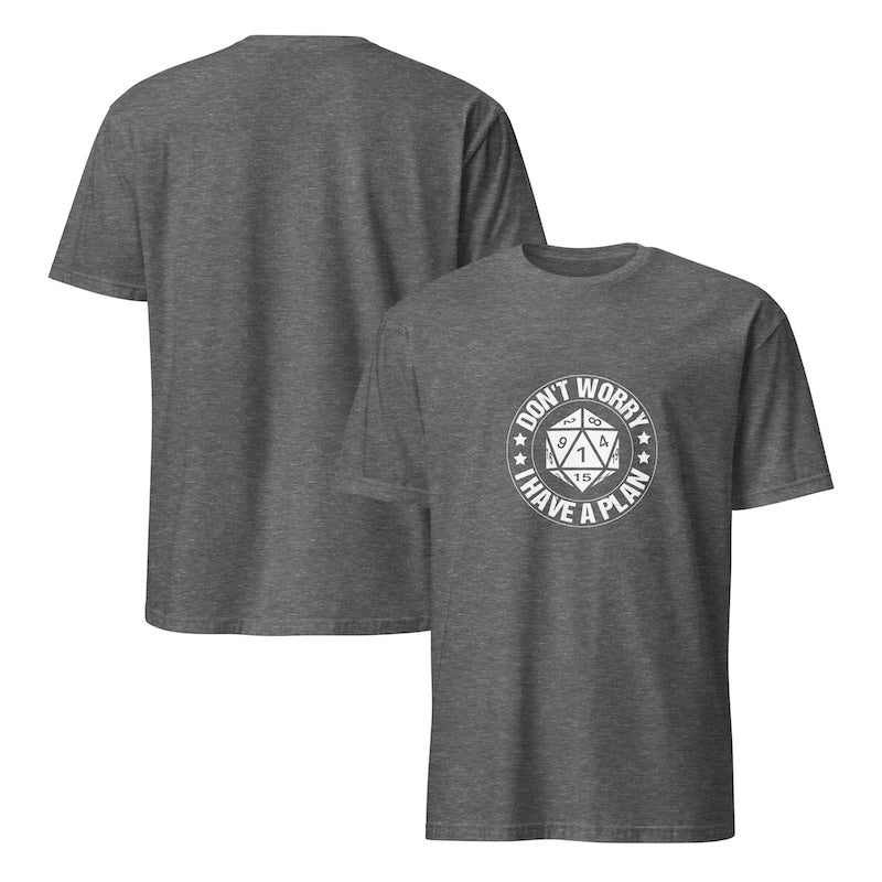 Gray t-shirt with a white graphic and text on a white background