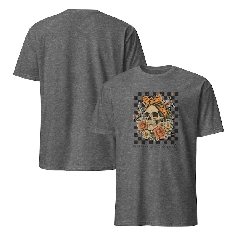 Gray t-shirt with a skull and floral design on a checkered background, shown from front and back.