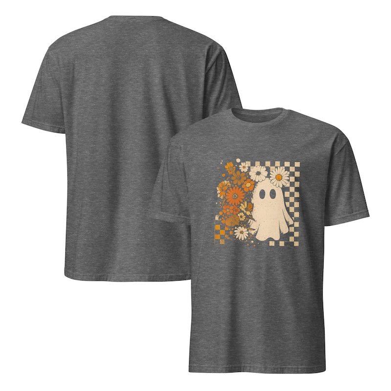Gray t-shirt with a ghost and floral design on a white background