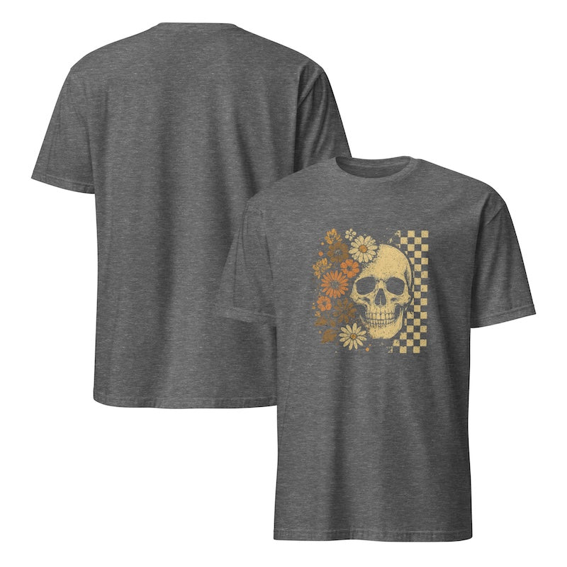 Gray t-shirt with skull and floral design on a white background