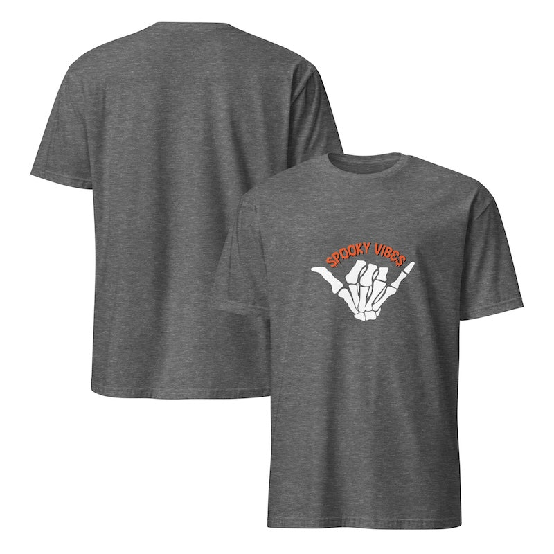 Gray t-shirt with 'Spooky Vibes' design on a white background