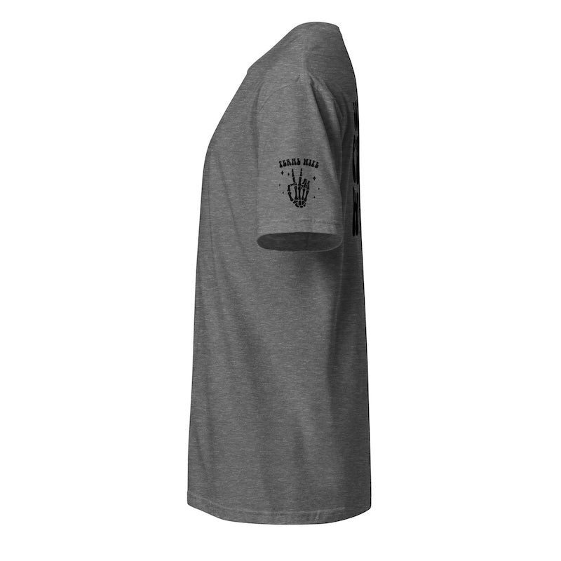 Gray t-shirt with a black graphic on the sleeve against a white background