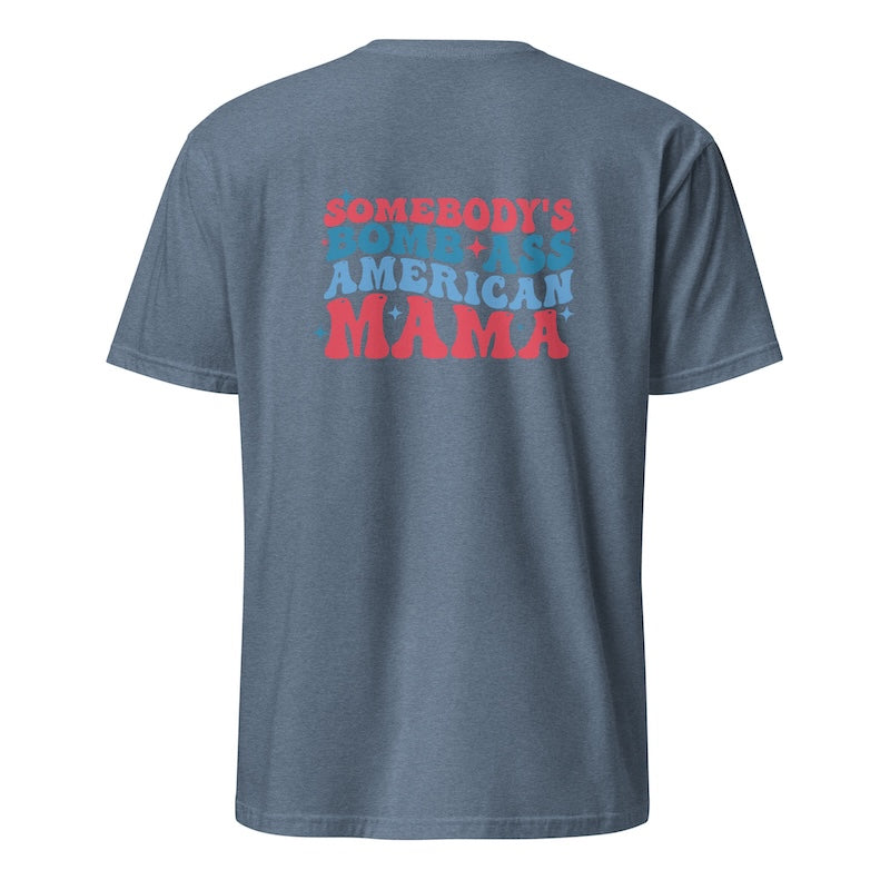 Blue t-shirt with text on the back against a white background