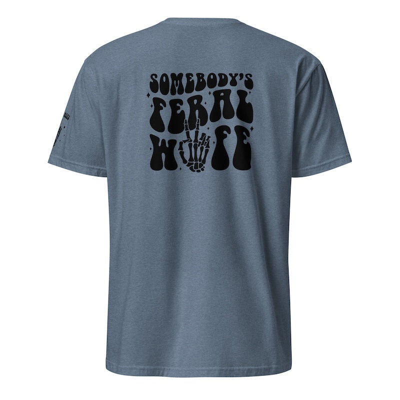 Blue t-shirt with black text on the back against a white background