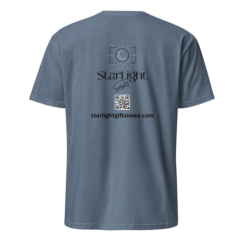 Blue t-shirt with 'Starlight Gifts' logo and QR code on the back against a white background