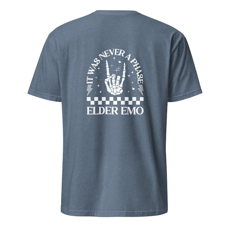 Blue t-shirt with white graphic and text on a white background