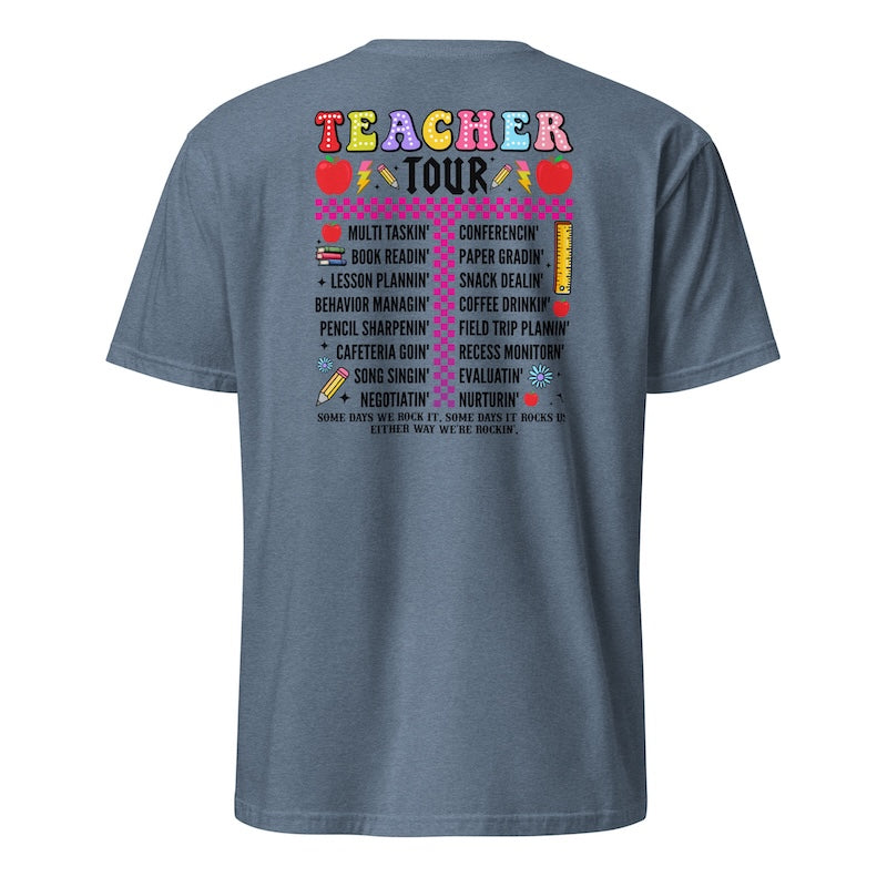 Blue t-shirt with colorful text and graphics on the back, featuring the word 'Teacher'.