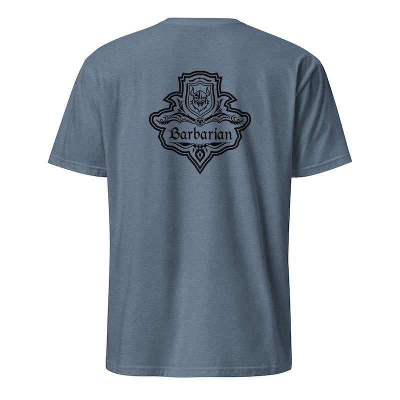 Blue t-shirt with 'Barbarian' logo on the back against a white background