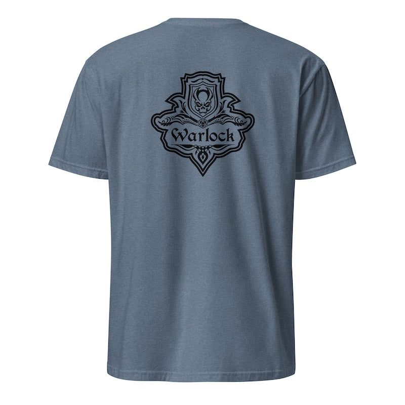 Blue t-shirt with 'Warlock' logo on the back against a white background